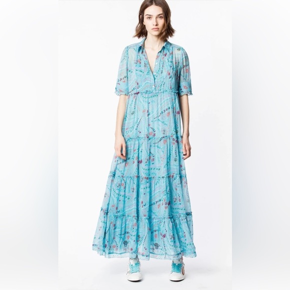 Zadig and voltaire medium turquoise rapidly print psyche maxi dress . - Picture 8 of 14
